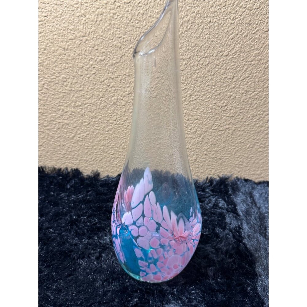 Hand-Blown Glass Vase With Pink & Blue Floral Design Unique  Signed